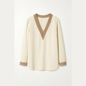 Chic White V-Neck Blouse with Tan Accents